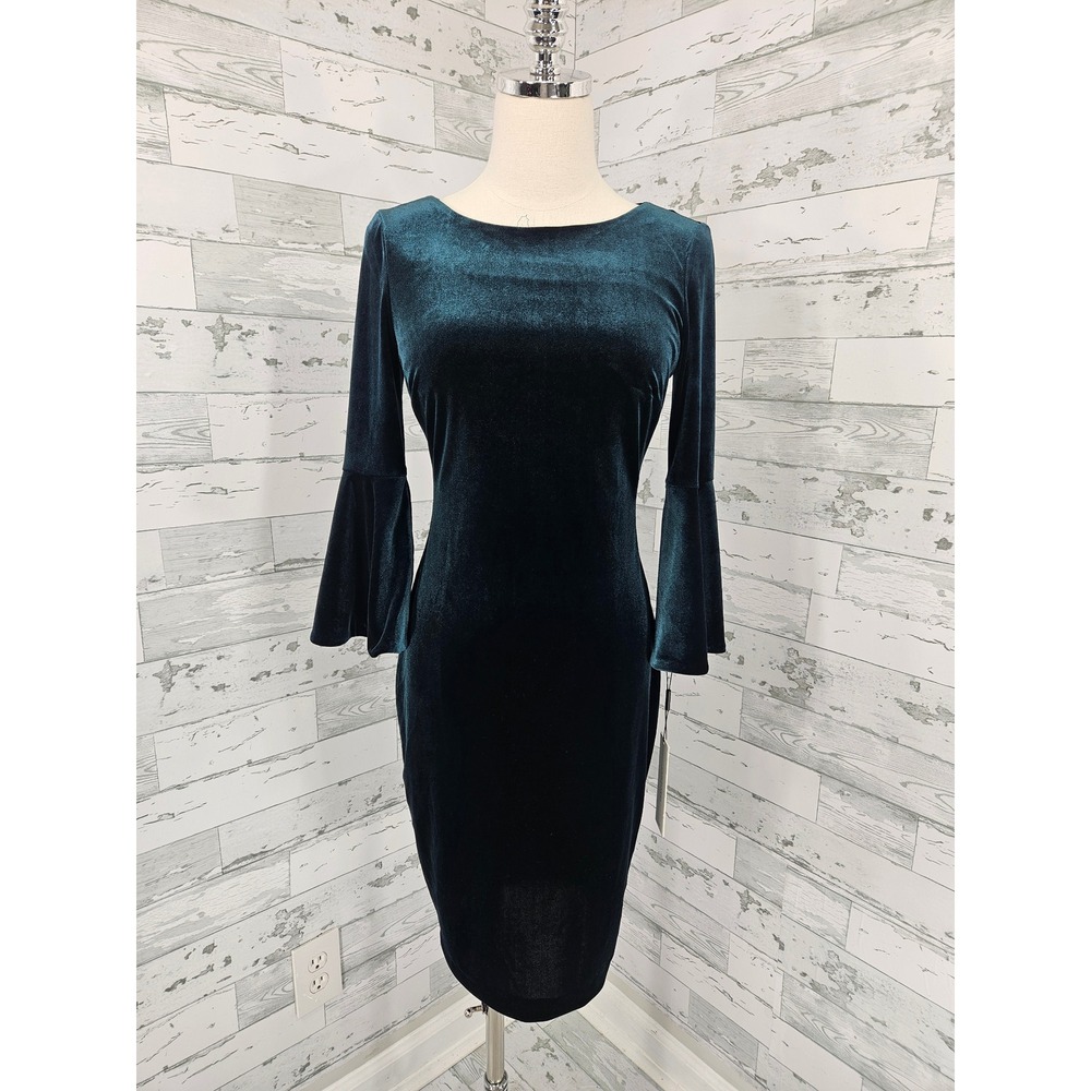 Calvin Klein Womens Velvet Bell Sleeve Sheath Dress Teal Green Size 2